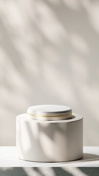 A luxurious podium in Alabaster with gold stripe. Placed on a rounded board over Base cement texture with Alabaster backdrop. Nature gobos light