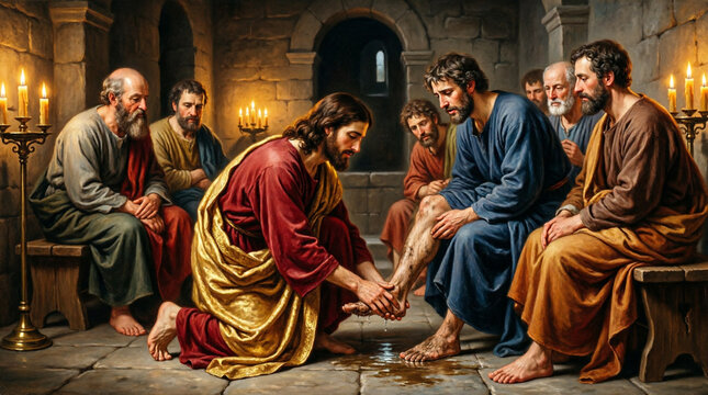Elegant sacred art of Jesus washing His disciples&rsquo; feet in humility and grace.