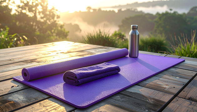Purple yoga mat unrolled on a wooden terrace with a stainless steel water bottle and towel in the morning mist generative AI