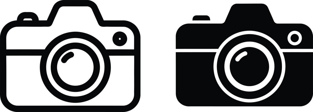 Two minimalist camera icons showing outline and solid styles for photography web interface and mobile applications