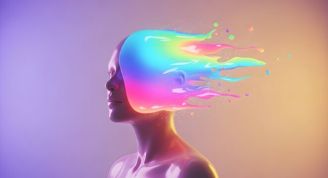 Human head silhouette with colorful liquid exploding from the mind. Creativity and burst of ideas. Side view of a 3D bust with rainbow paint splashing and flying in space.