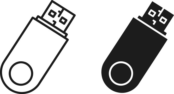 Pair of black and white icons representing modern portable flash drives for fast data storage solutions