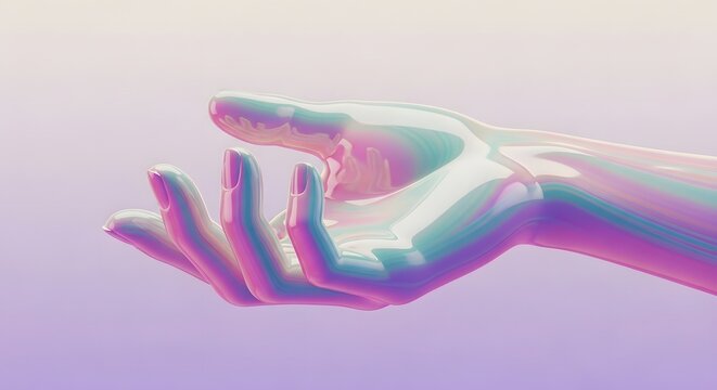 Open iridescent human hand reaching out in a soft space. Human connection and digital touch concept. Floating glass like hand palm upward in a minimalist pastel setting