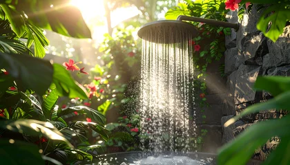 Poster Toilet Stone shower in a tropical garden with water cascading over hibiscus leaves and sunlight creating a rainbow in the spray generative AI  © Bernd Schmidt