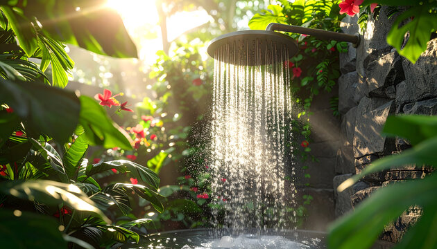 Stone shower in a tropical garden with water cascading over hibiscus leaves and sunlight creating a rainbow in the spray generative AI