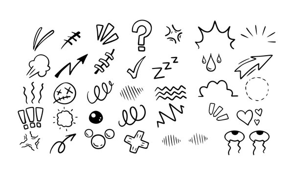 Anime emotion symbols set, hand drawn manga effects doodle collection. Comic sound effects, sparkles, hearts, question marks and black white graphic elements