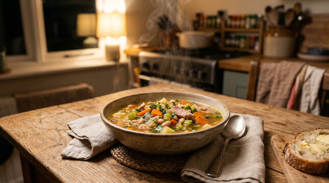 flexitarian vegetable soup with turkey in cozy home kitchen warm evening light
