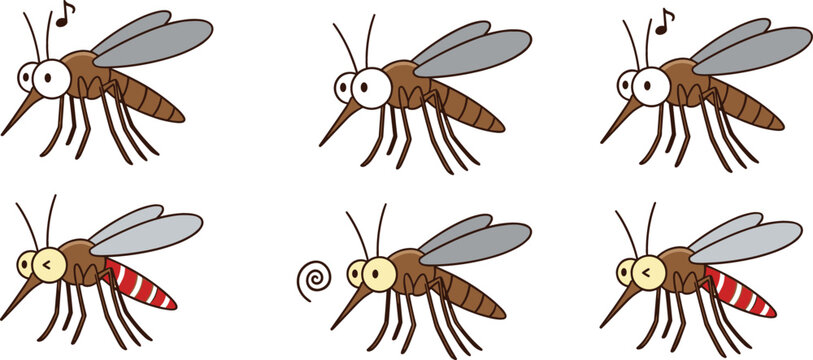 Mosquito cartoon collection with different poses and expressions, flying insect characters set, disease carrying pests vector illustration