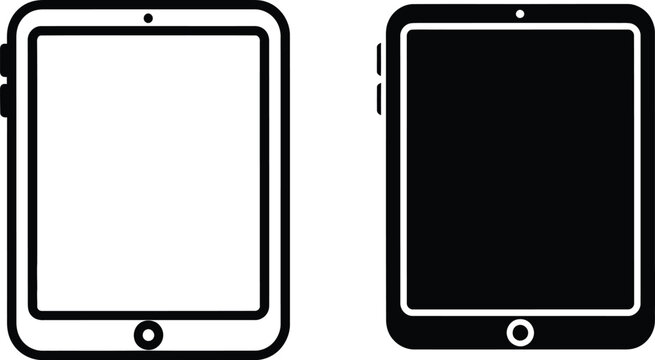 Two modern tablet computer silhouettes showing outline and solid fill styles for mobile application user interfaces