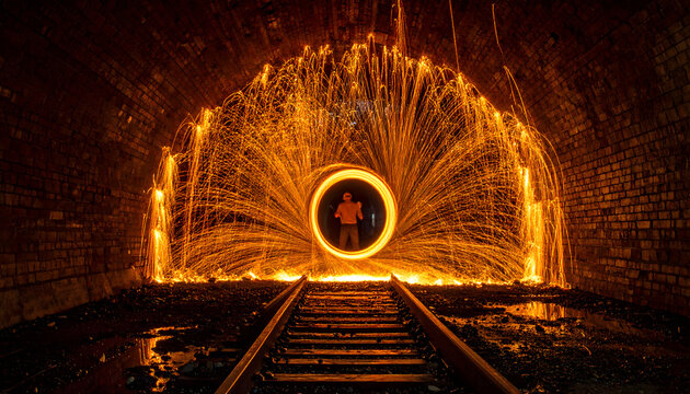 Steel wool spinning inside a dark brick train tunnel creating a chaotic sphere of orange sparks and glowing light streaks generative AI