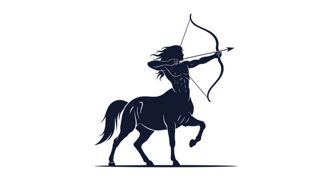 Centaur silhouette with a bow and arrow posing as a Greek mythology archer isolated on a clean white background.