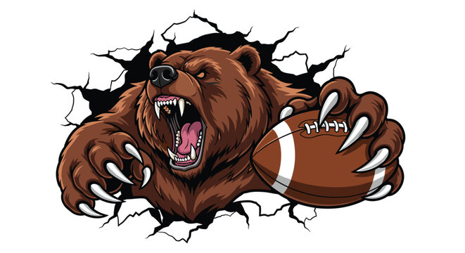 Angry grizzly bear mascot with large sharp claws holding an American football and breaking through a cracked wall illustration.