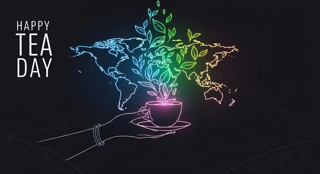neon tea cup with plant and world map on black background
