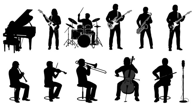 Silhouettes of musicians playing various instruments.