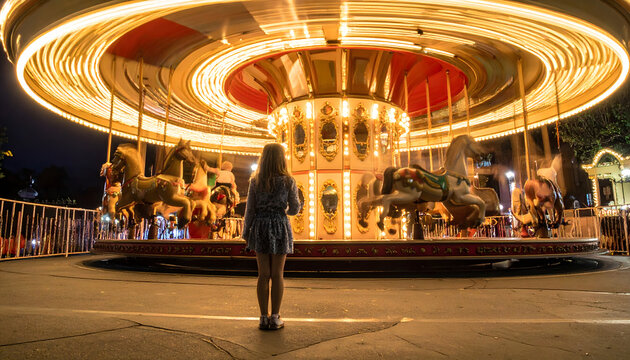 Carousel turning at night with blurred golden light spirals and a sharp child watching the moving vintage carnival ride background generative AI