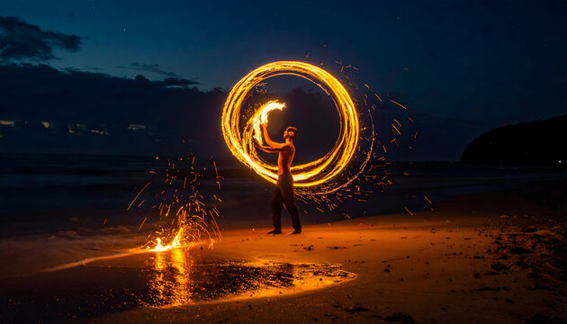 Fire performer spinning a poi ball on a dark beach creating a glowing orb of fire and flying burning embers generative AI