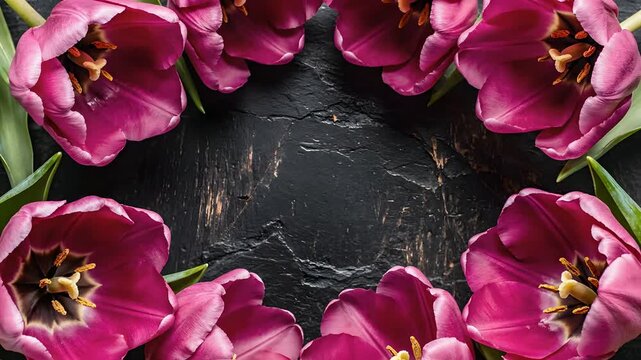 Blooming pink tulips forming a circular frame on dark textured slate, floral time-lapse for Mother's Day, spring flower background, romantic wedding or anniversary concept.