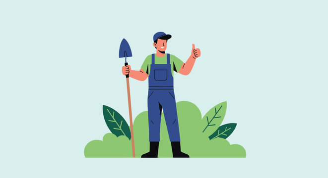 Farmer character wearing overalls and a cap holding a shovel and giving a thumbs up in a green garden landscape.