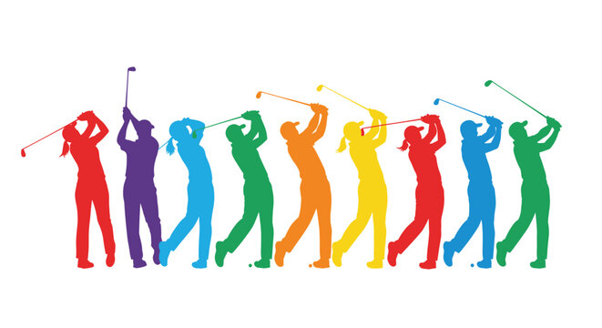 Row of colorful silhouettes of male and female golfers showing different stages of a professional golf swing motion.