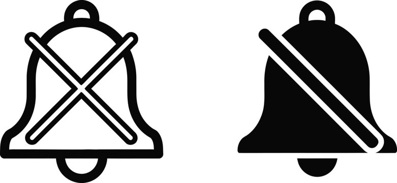 Muted notification bell icons for silencing digital alerts and disabling mobile phone sound system settings