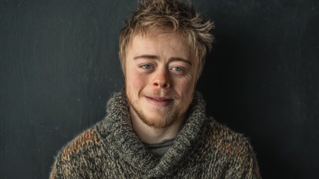 Authentic studio portrait of a young man with down syndrome smiling genuinely at the camera