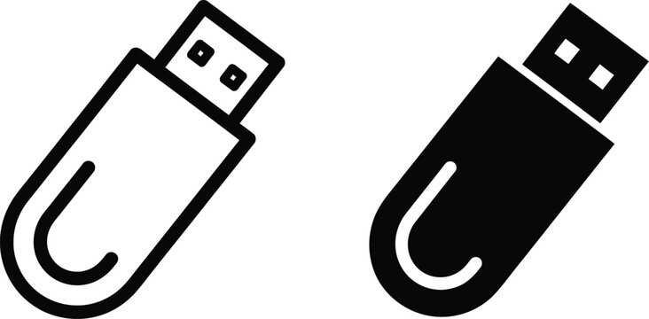 Pair of black and white icons featuring portable usb flash drives for data storage technology connectivity