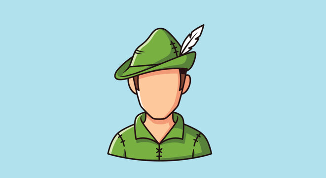 Cartoon avatar of a young man wearing a green archer or Robin Hood hat with a white feather on blue background.