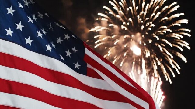 American flag waving with fireworks in the night sky