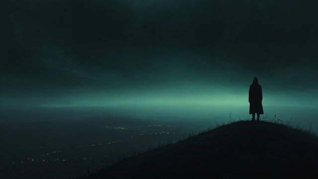Small Figure Standing in Vast Dark Landscape Alone