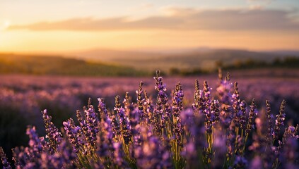 Naklejka premium Vibrant Lavender Field at Sunset with Warm Golden Sky