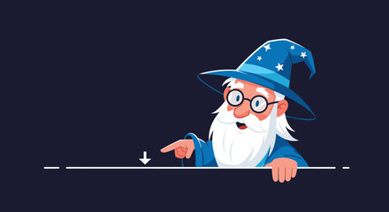 Naklejka premium Friendly cartoon wizard with blue starry hat and long white beard pointing towards a blank space for text on dark background illustration.