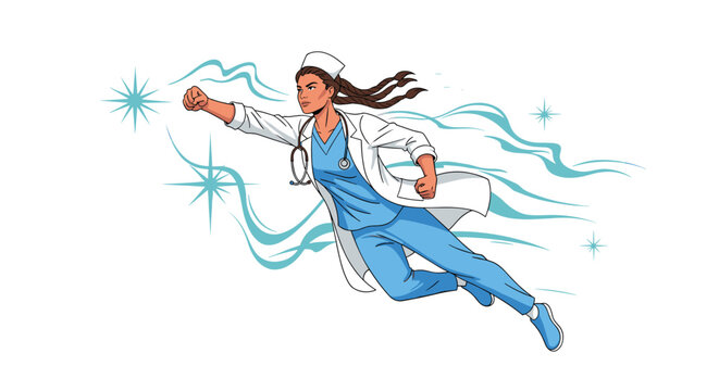 Brave nurse character depicted as superhero flying through air with fist forward, honoring healthcare workers and medical professionals.