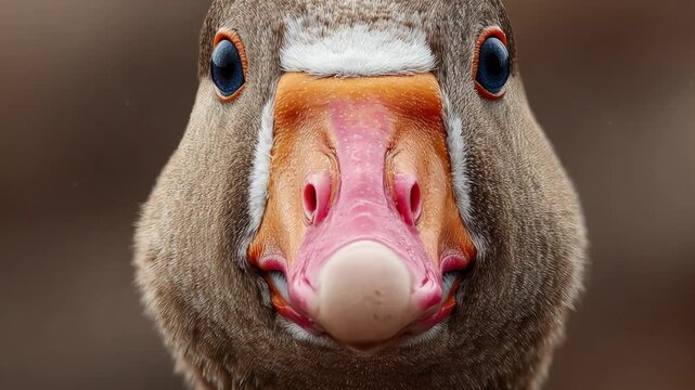 Extreme close-up of a wild greylag goose face, with a pink beak and blue eyes looking at the camera