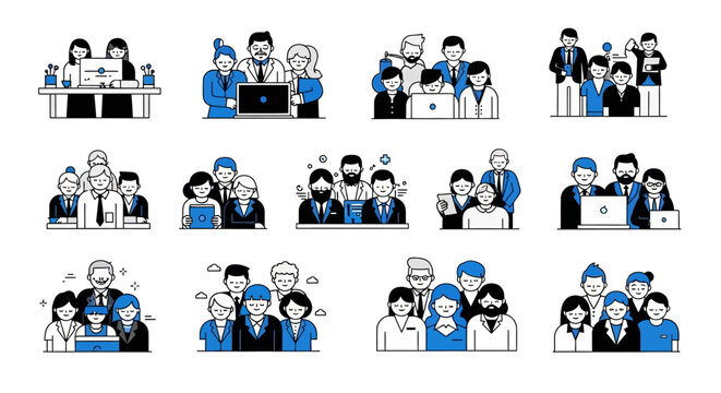 Professional Teamwork and Business Collaboration Icon Set Diverse Group of People Working Together in Modern Flat Line Art Style