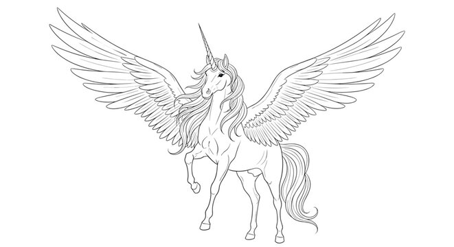 Majestic alicorn unicorn line art drawing standing with wings spread wide, perfect for creative coloring books or fantasy themed designs.