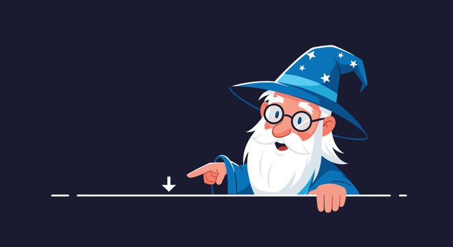 Friendly cartoon wizard with blue starry hat and long white beard pointing towards a blank space for text on dark background illustration.