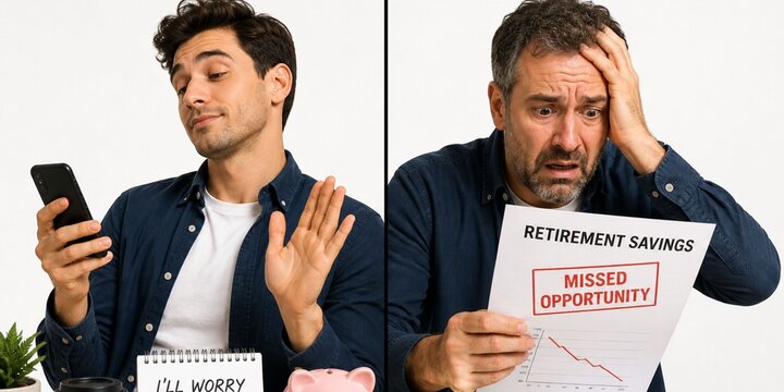 _split screen comparison of young man dismissing retirement planning versus older man stressed over missed savings opportunity &ndash; financial regret and procrastination concept
