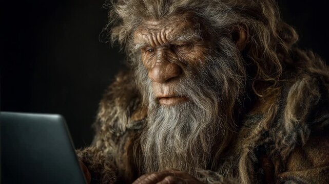Ancient neanderthal man from the stone age discovering and learning to use modern technology