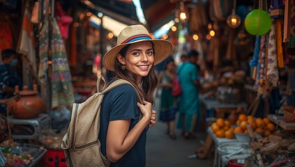 Obraz premium Young Woman Smiling in a Vibrant Market Setting with Straw Hat