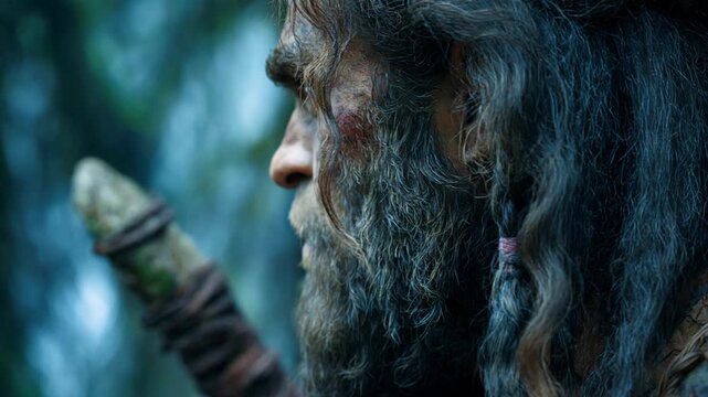 Close-up profile of a primitive neanderthal man turning his head with a serious expression