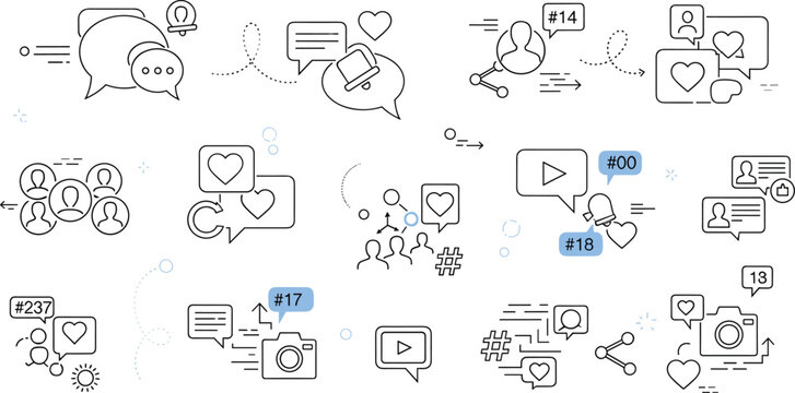 Minimal Social Media Communication Line Icon Set with Chat, Likes, Followers, Hashtags, Notifications, and Digital Interaction Symbols for Web and Mobile Interface Design.