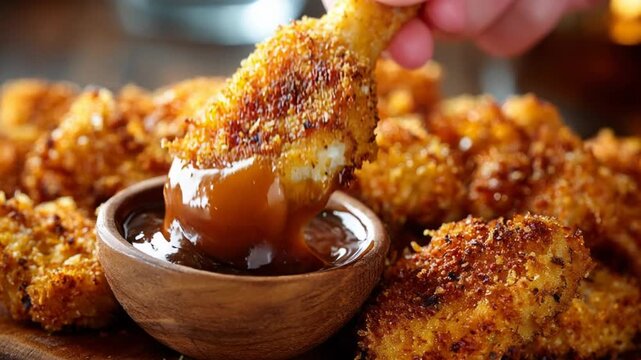 Crispy breaded chicken nugget being dipped into a delicious sauce in a wooden bowl