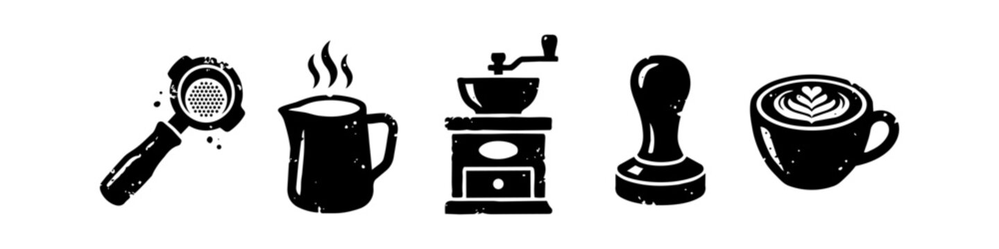 Minimalist Barista Coffee Tools Icon Set with Vintage Texture - Including Portafilter, Grinder, Tamper, Milk Pitcher, and Latte Art Cup Icons for Cafe Branding and Design