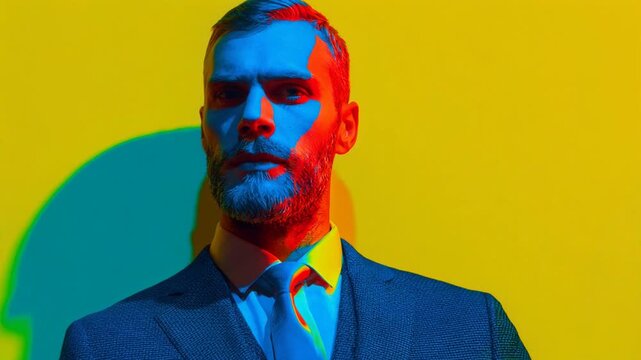 Confident bearded man in a suit posing under vibrant red, blue, and yellow studio lights
