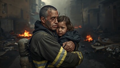 Obraz premium Emotionally Charged Moment Between Firefighter and Child Amidst Chaos