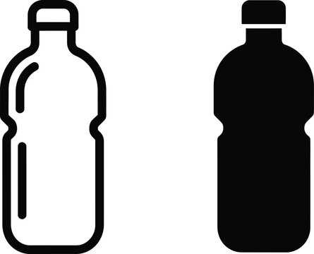 Two variations of a plastic water bottle icon displayed as solid and outline vector graphics