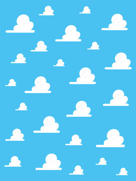 Abstract White Clouds Cartoon on Blue Sky Background. Vector seamless texture for interior, decorative, banner, cover, card.