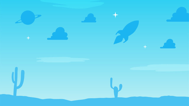Minimal Blue Desert Sky Silhouette with Flying Rocket and Planet Illustration. Space concept vector. Kids and toys background.