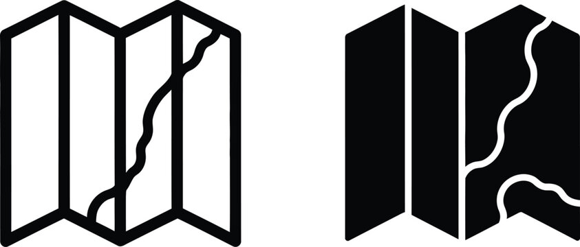Two variations of folded paper map icons representing navigation travel and route planning for mobile apps