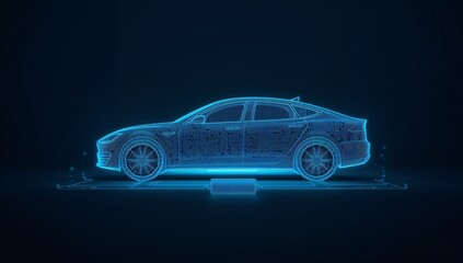 Fototapeta premium Futuristic Car Concept in Neon Blue Wireframe Design